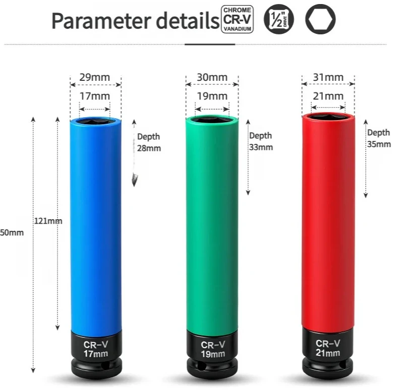 3Pcs 17mm, 19mm, 21mm Wheel Protector Thin Wall Impact Socket Lug Nut Socket Set 1/2 Inch Driver 150mm Extended Wheel Hub Sleeve