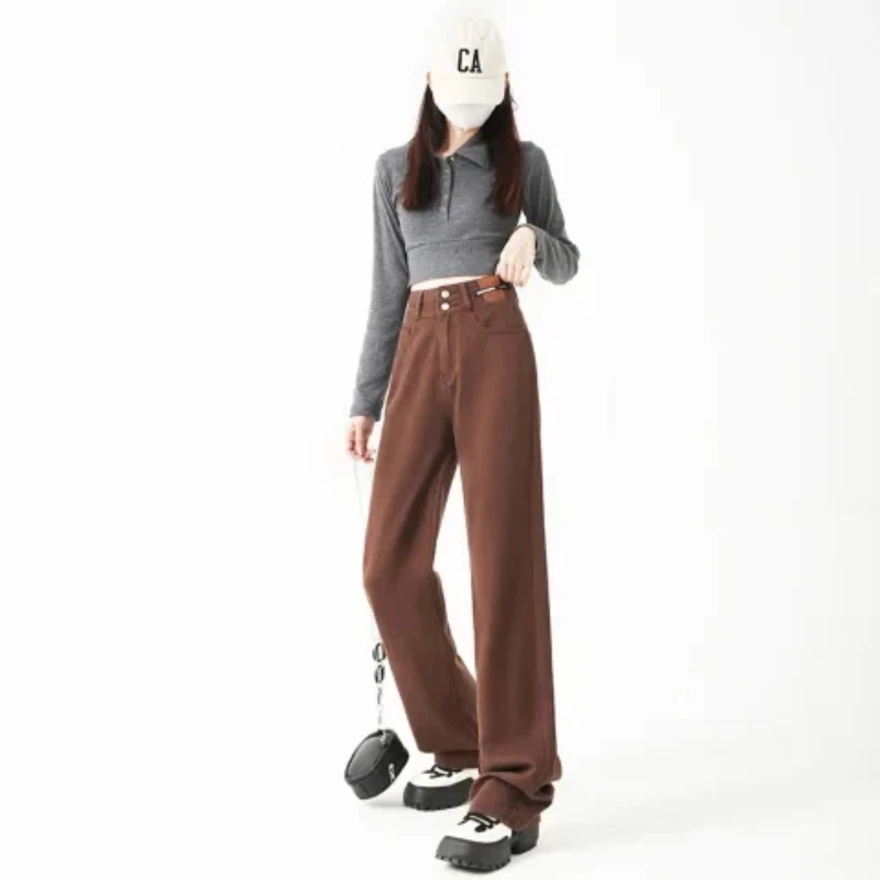 Dżinsy Y2K Damskie Dżinsy z Wysokim Stanem Rozszerzane Spodnie typu Flare Miękka Bawełna z Podszewką z Polaru Ciepłe Duże Rozmiary Małe Rozmiary Kawa Brązowe Spodnie Casualowe