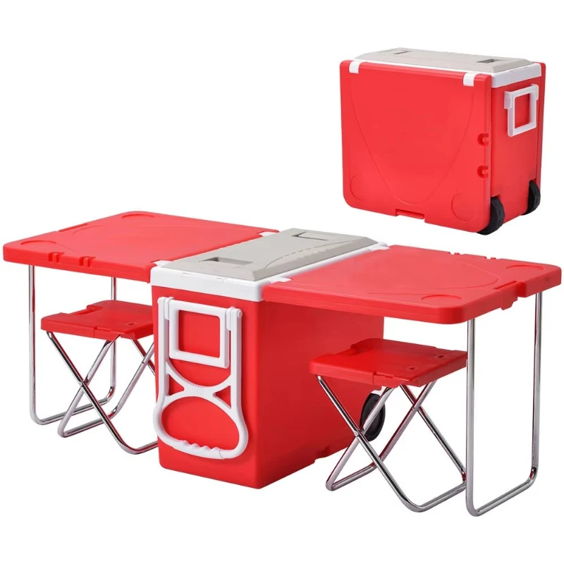Outdoor Hard Plastic Freezer Portable Camping Folding Cooler Box Set with Table Chair Wheels
