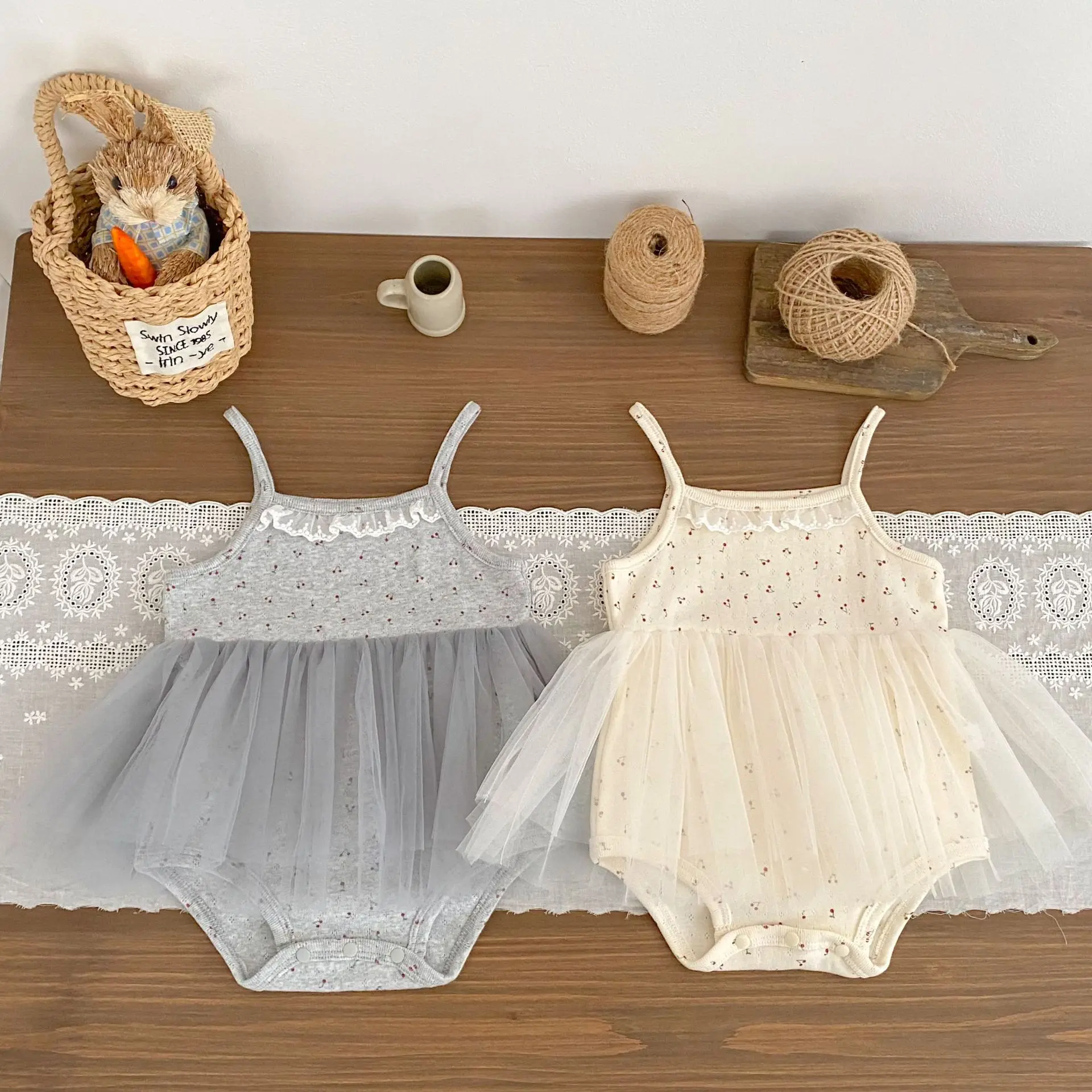 2026 Summer New Baby Girl Sleeveless Vest Bodysuit Splice Mesh Skirt Infant Girl Floral Sling Jumpsuit Cotton Toddler Clothes