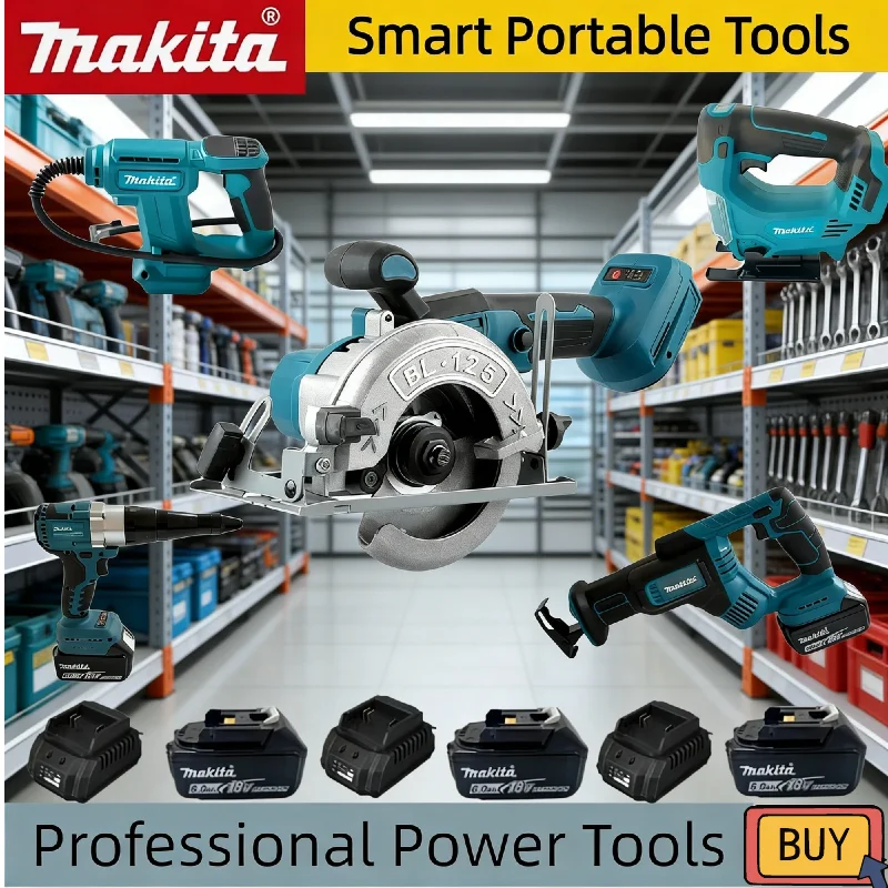 

Набор аккумуляторных инструментов Makita 18В: беспроводной перфоратор, заклепочник, мощный вентилятор, беспроводная пила, воздушный компрессор
