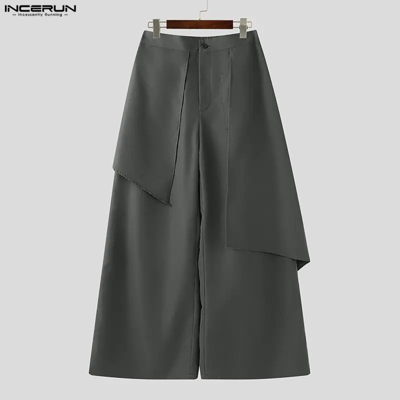 

INCERUN Men Wide Leg Pants Solid Color Button Joggers Oversize Irregular Trousers Men Streetwear Loose Fashion Casual Long Pants