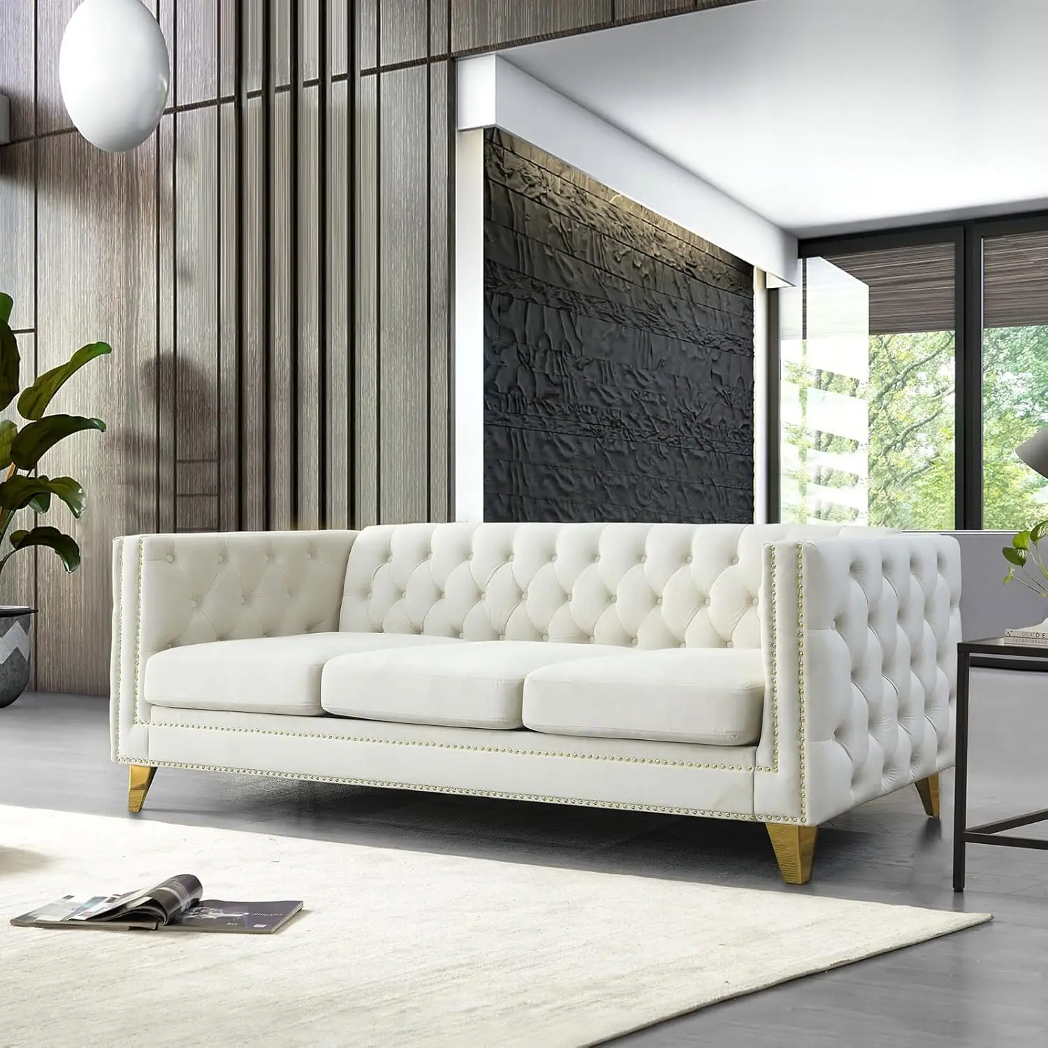 

80,5-дюймовый бархатный трехместный диван с обивкой на спинке, золотыми металлическими ножками и бежевым цветом, на заказ