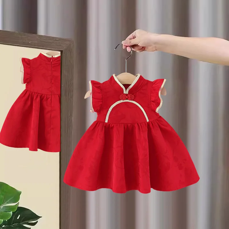 

Детские платья, летнее хлопковое однотонное платье в китайском стиле с маленькими летящими рукавами, милая и милая одежда для маленьких девочек