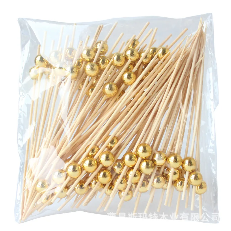 

Yjq 100pcs disposable fruit stick golden bead decorated fruit sushi stick rock sugar gourd wooden stick