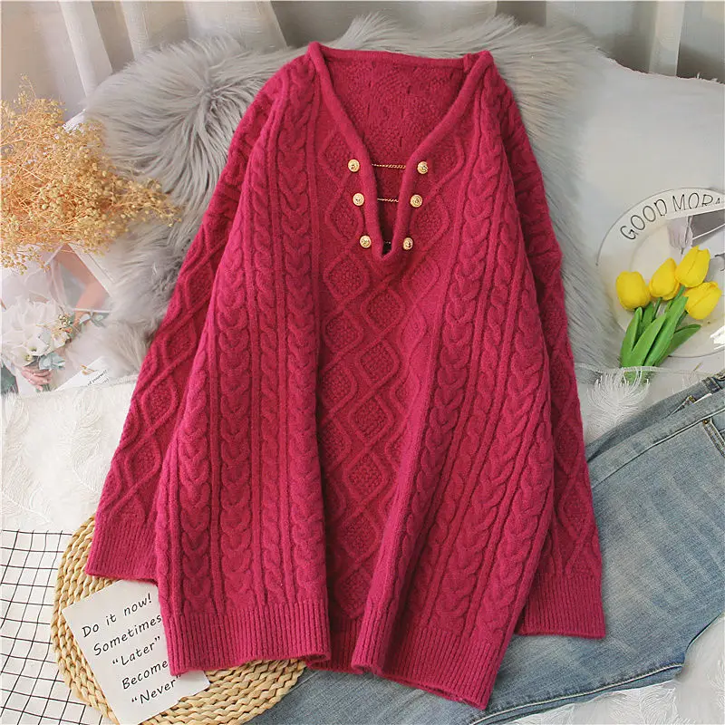 Women's Sweater Pullover Loose Versatile Network Red Fashion Small Popular Design Medium Length Fried Dough Twists Knit Top