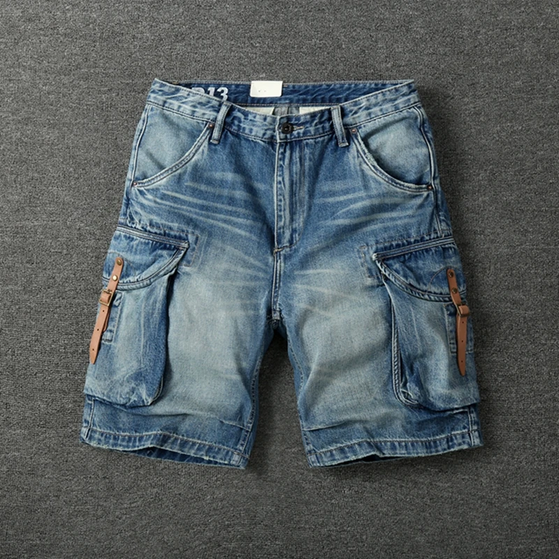 Summer New American Retro Heavyweight Denim Cargo Shorts Men's Fashion 100% Cotton Washed Make Old Straight Casual 5-point Pants