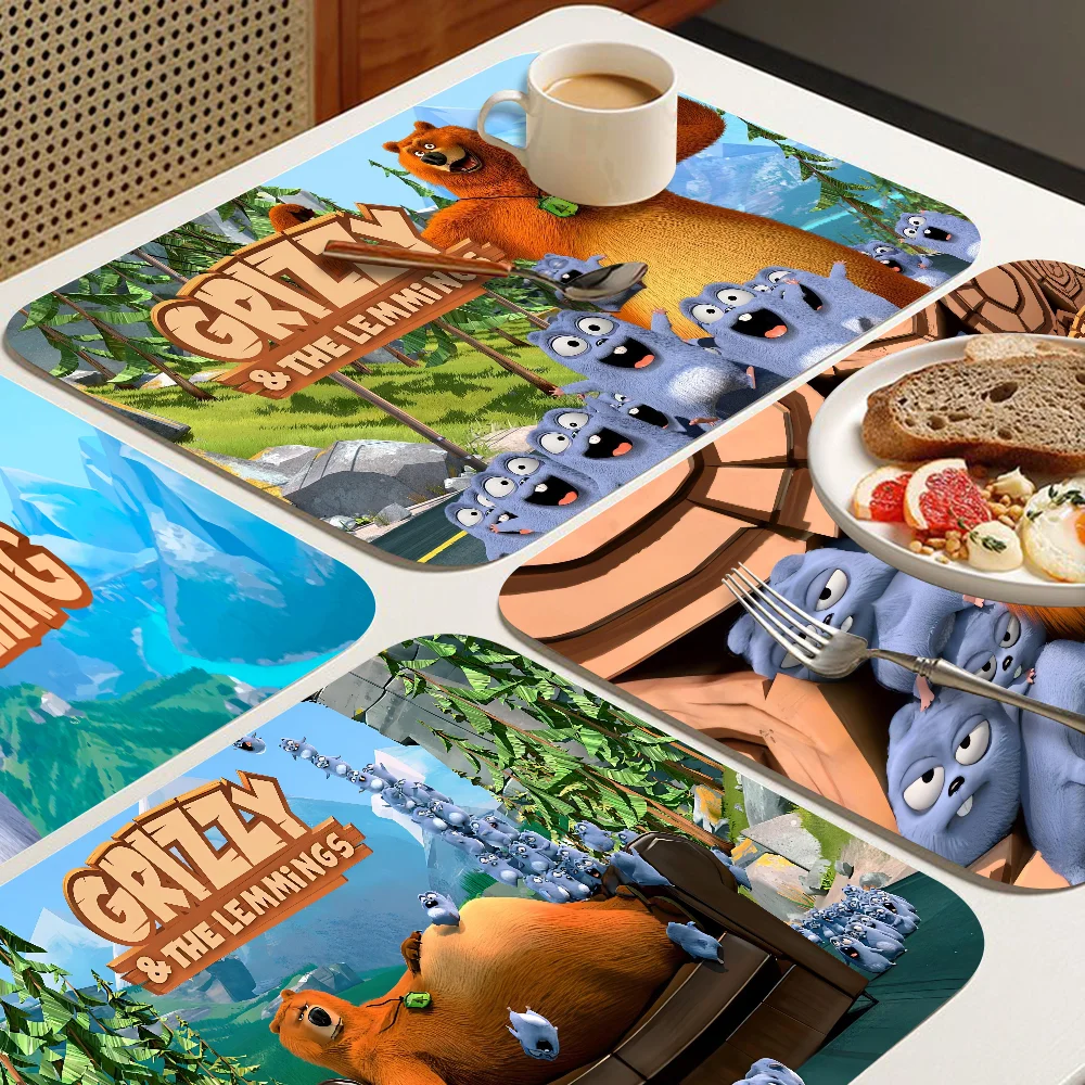 Grizzy And The Lemmings Quick Drying Dish Mat Printed Kitchen Tableware Coffee Draining Pad Dinnerware Cup Bottle Placemat