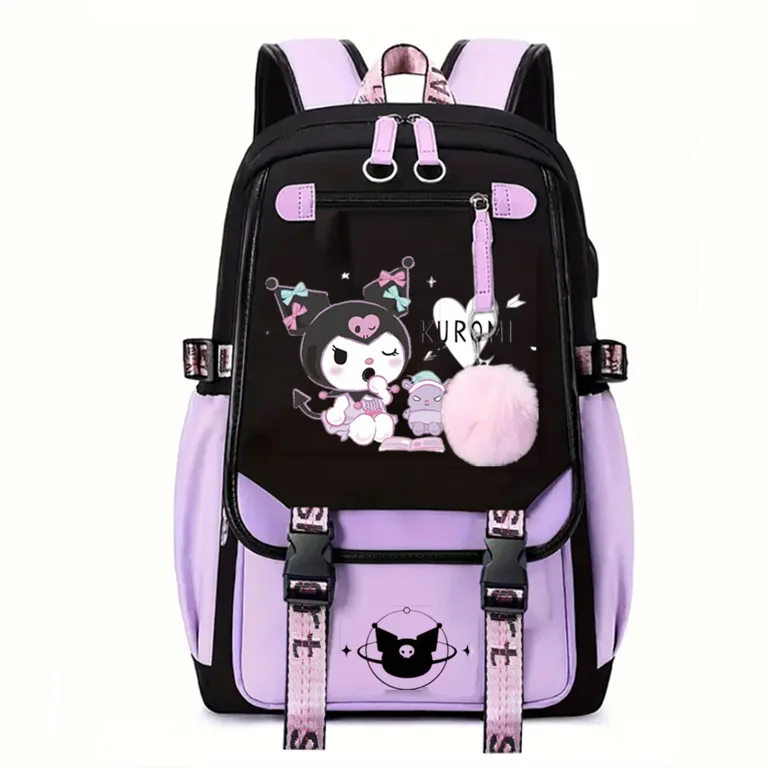 Purple Kuromi Backpacks USB Patchwork Women Girls Capacity School Bags Lovely Teens Laptop School Bags Commuting Travel Backpack