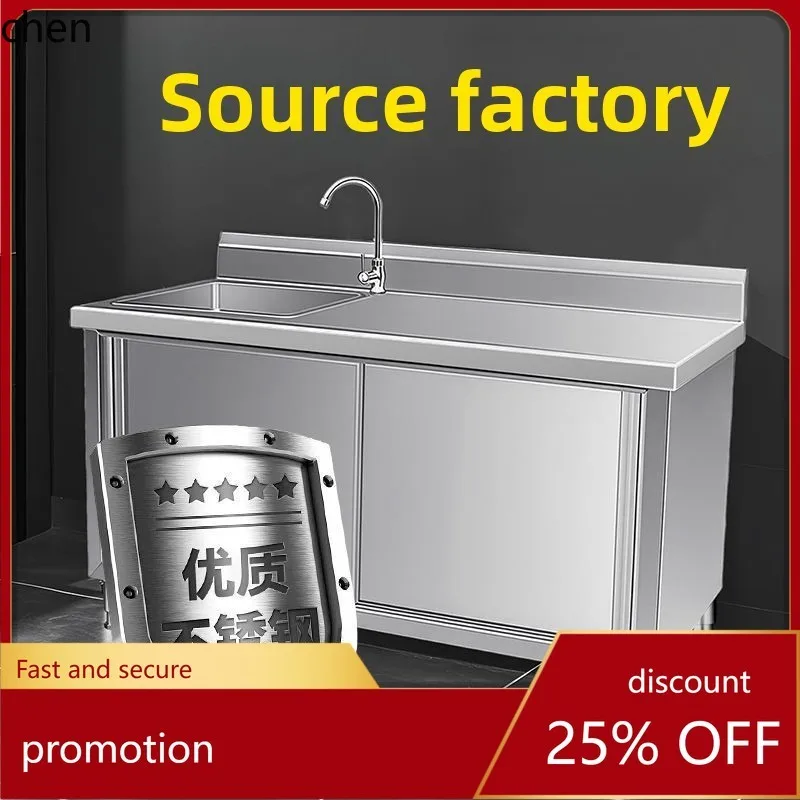 HT Stainless Steel Sliding Door Workbench Cabinet with Sink Platform Integrated Sink Stove Cabinet for Restaurant Commercial Use