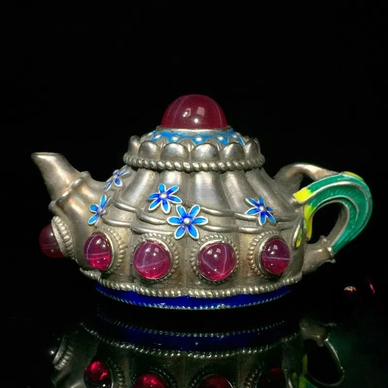antique-collection-old-silver-cloisonne-wine-jug-handle-jug-small-ornament-roasted-blue-inlaid-with-stars-sapphire-home