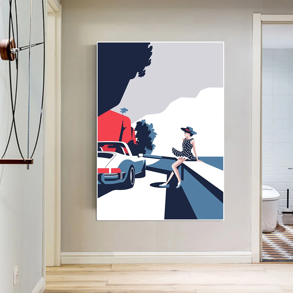 Abstract Sexy Girl And Luxury Racing Seaside Landscape Canvas Painting Fashion Retro Sports Car Poster Print Wall Art Room Decor