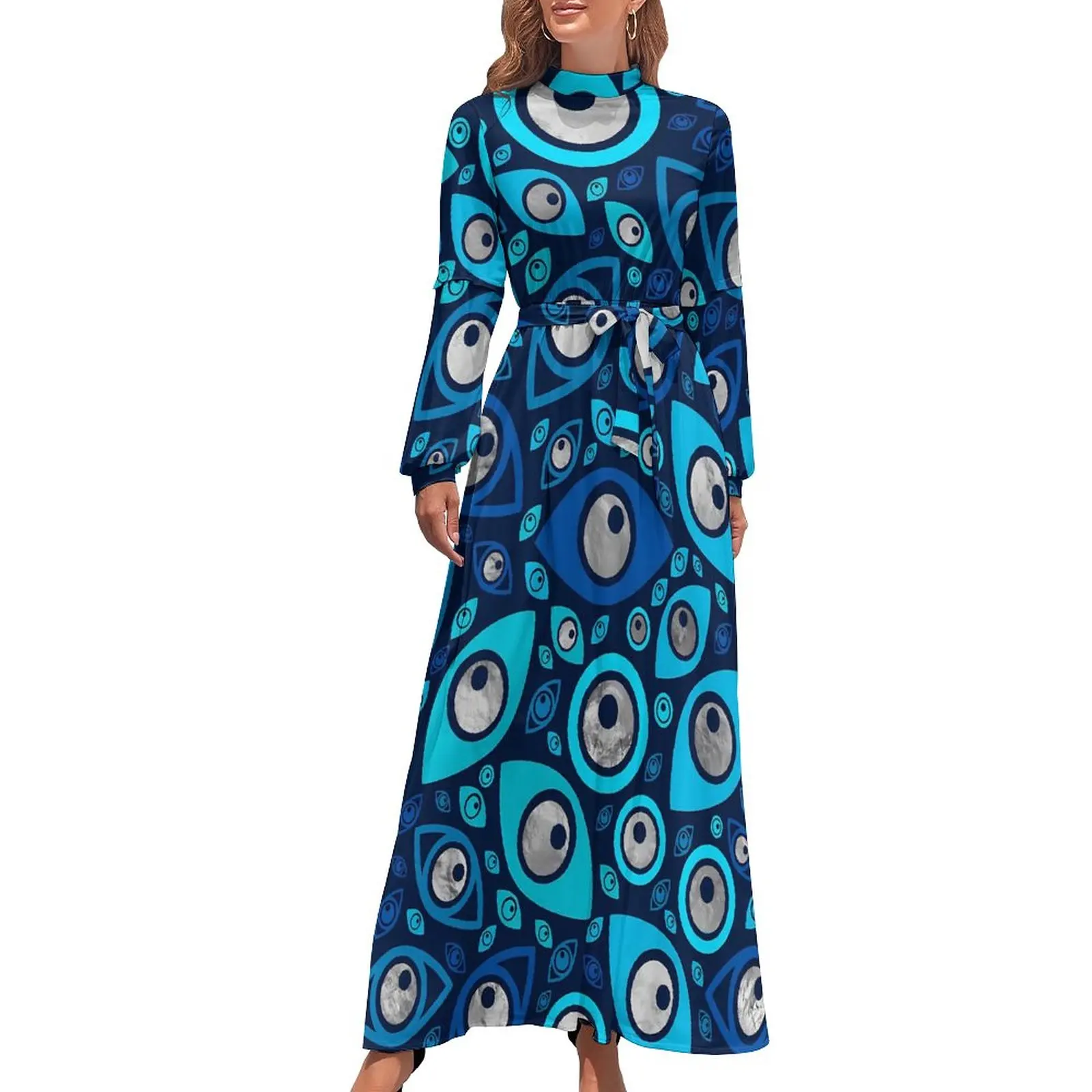 Greek Evil Eye Dress Blues and Silver Aesthetic Boho Beach Dresses Woman Long Sleeve High Waist Trendy Long Maxi Dress