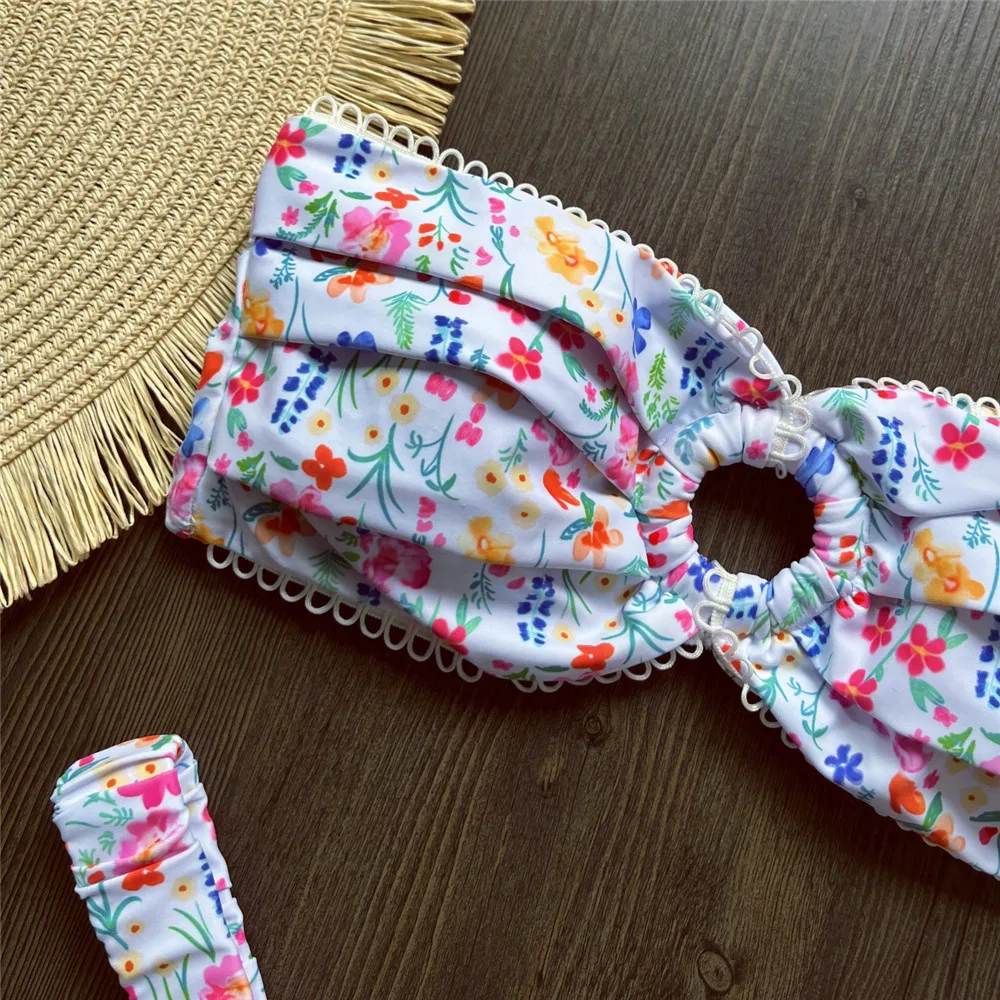 Sexy Floral Print Bandeau Bikinis Sets Woman Swimsuit 2025 Ring Ruched Back Knotted Swimwear High Cut Bathing Suit Bikini Dames