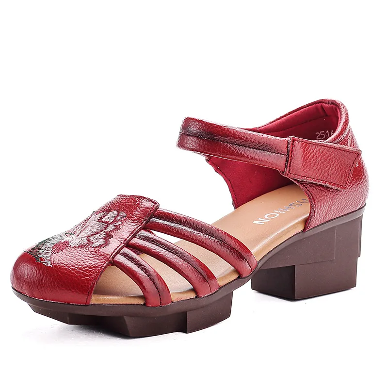 

Retro Real Leather Roman Sandals Mary Jane Heeled Shoes Women Summer Strappy Flower Embroidery Hollowed Design