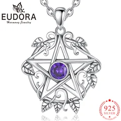 Eudora 925 Sterling Silver Wicca Pentagramma Foglie Collana Viola Zircone Ciondolo Fine Stregoneria Gioielli Regalo Del Partito per Le Donne