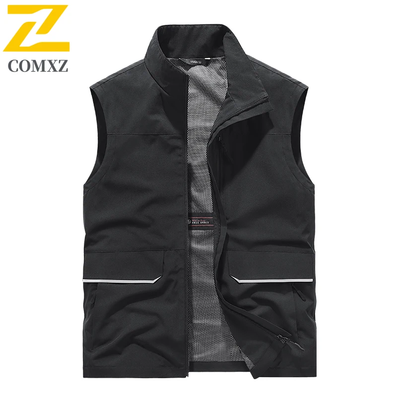 New Autumn Vest Jacket Men's Casual Windproof Big Pocket Sleeveless Work Jacket Plus Size Fishing Reflective Strip Vests Coat