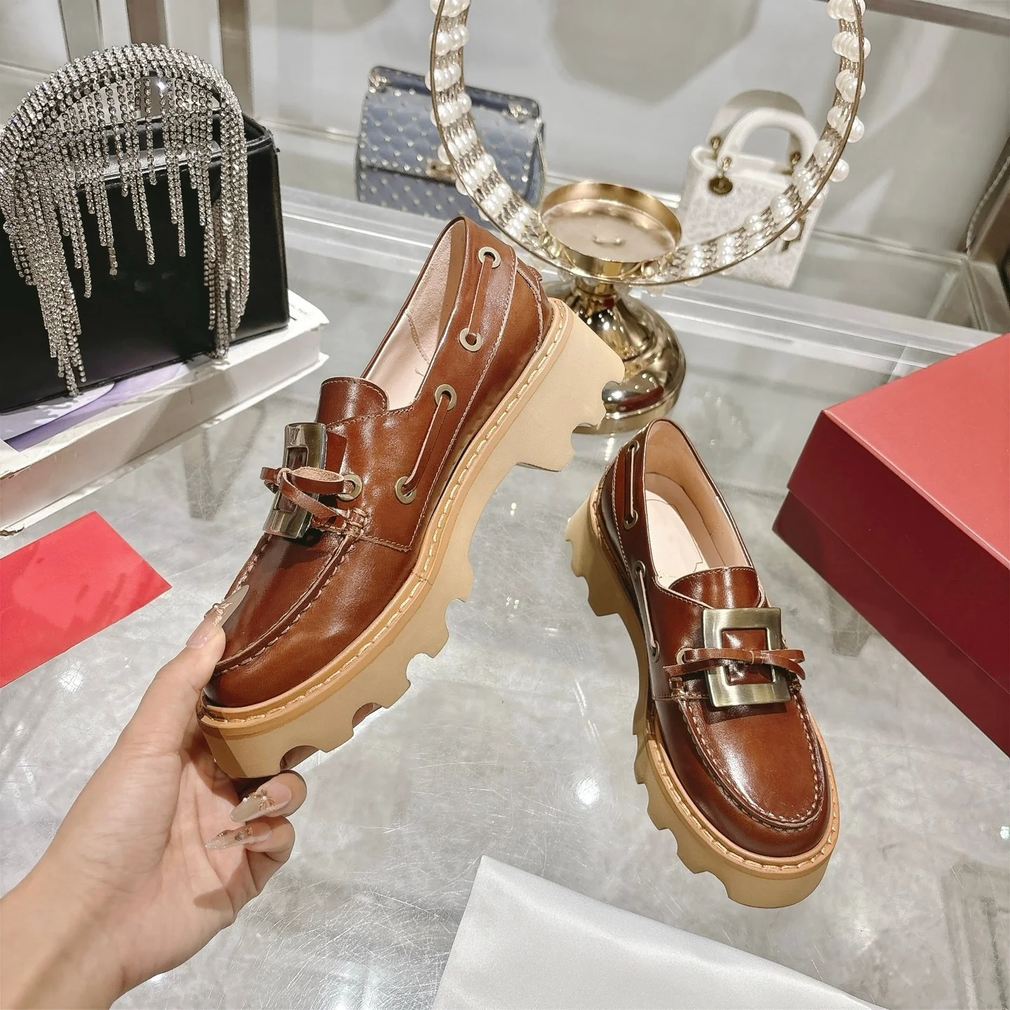 2025 outono novo couro genuíno strass fivela quadrada mocassins feminino altura crescente sapatos de couro de sola grossa deslizamento