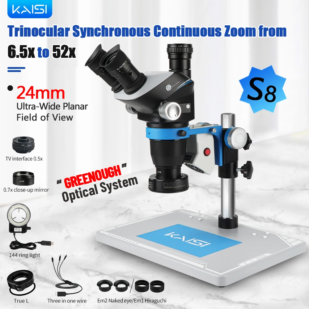 Kaisi S8 6,5-52X microscopio estéreo Trinocular PL10X24 ocular sistema óptico Greenough con 0,5 CTV 144 microscopio de luz de anillo