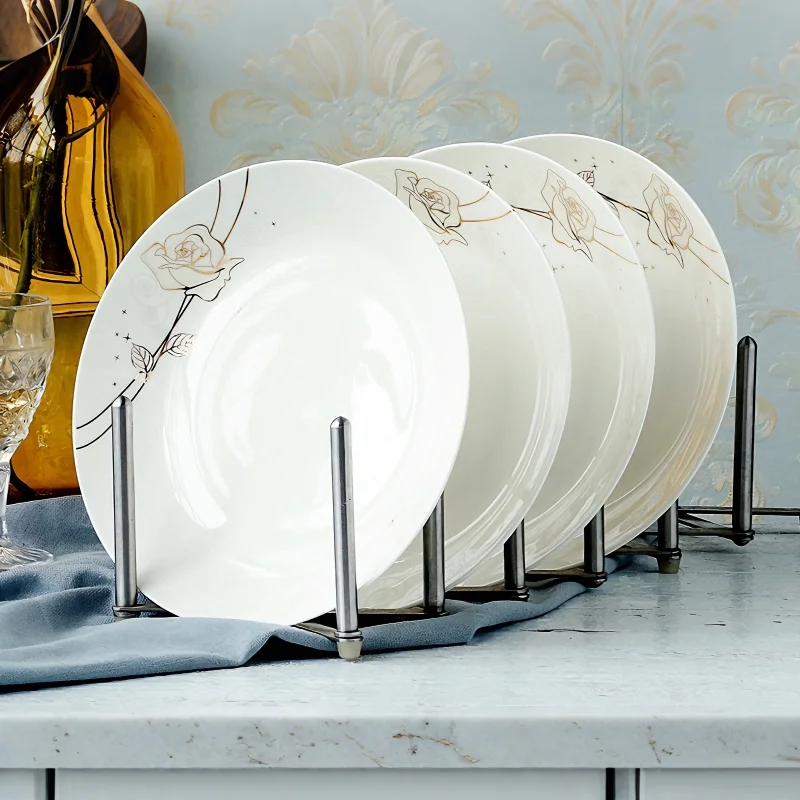 4pcs set, 8 inch, bone china dinner plates, golden rose, porcelain plates for food, ceramic dishes for serving, dinner plate set