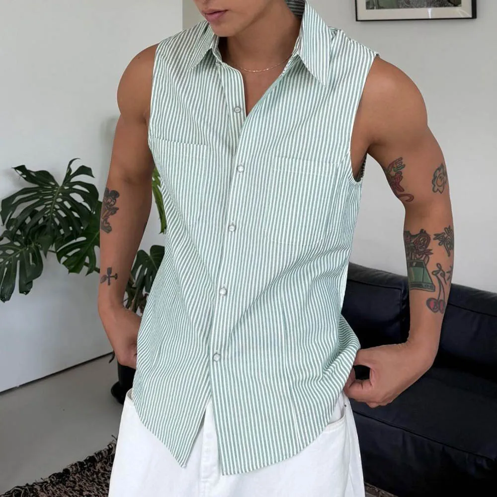 

Новинка лета 2024, мужская полосатая рубашка без рукавов, американский ретро-модный тренд, уличные свободные повседневные дышащие нишевые мужские топы
