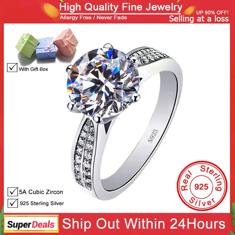 With Credentials Real Original Silvery Rings for Women Luxury 3 Carat Cubic Zircon Rings Bride Wedding Jewelry Gift R006