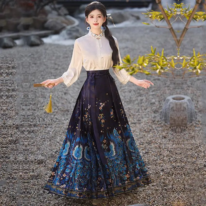 

New Chinese Style Hanfu Set Traditional Mandarin Collar Shirt Vintage Printed Horse Face Skirt Female Elegant Mamianqun Suit