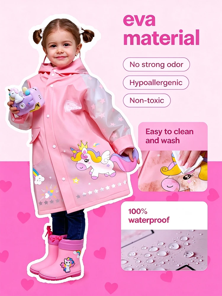 Cute Kids Raincoat Wateproof Children Unicorn Racing Car Rain Poncho Rain Coat Jacket With Backpack Position Student RainWear