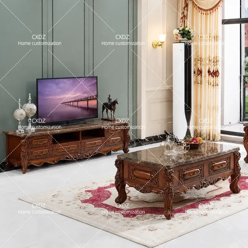 Marble and Solid Wood TV Cabinet with Coffee Table Set Modern Living Room Furniture Sofa Side Table Storage Unit
