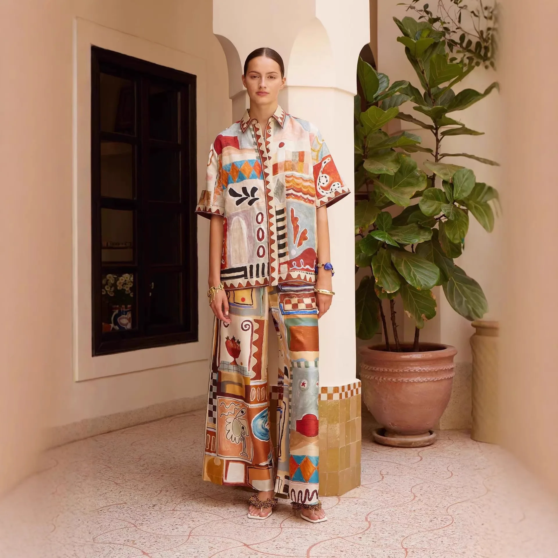 

Women's Linen Print Two Piece Set Short Sleeve Drawstring Casual Loose Outfit Vacation Beach Summer Suit