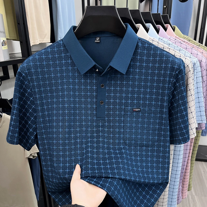 Herren Kurzarm-Poloshirts mit Diamant-Jacquardmuster, klassische Passform, lässige Oberteile, weiche, bequeme, modische Hemden für Männer – Detail 14