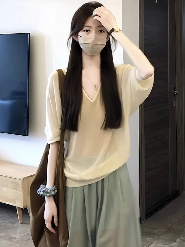 Korean Lazy Style V-Neck Mid-Sleeve Women's T-Shirt Loose Knitted Comfortable Breathable Cool Feeling Casual Summer Top