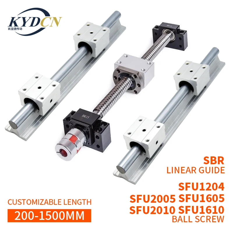 KYDCN 2PC SBR12 SBR16 SBR20 300-1500MM+4PC Slide blocks+1 set SFU1204 1605 1610 2005 2010 ball screw for CNC part