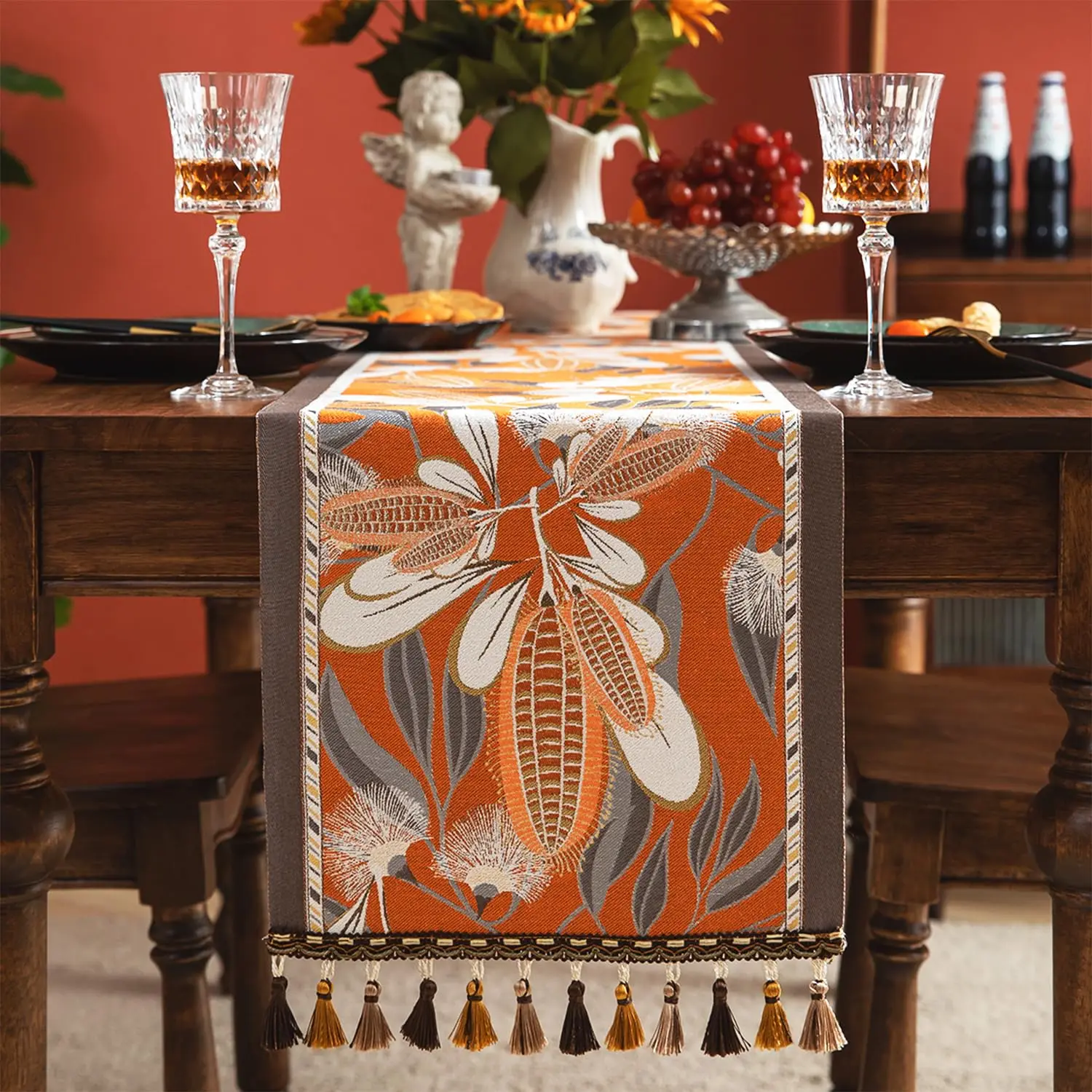 

Vintage Design Table Runner, Retro-Luxury Floral Tassels Series for Kitchen Home Dining Table Holiday Party Decoration
