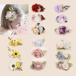 Simulated Flowers Four Seasons Pink Purple  Sunflower Rose Multiple Color Series Handmade Baby Girl Hairpins For Party Birthday