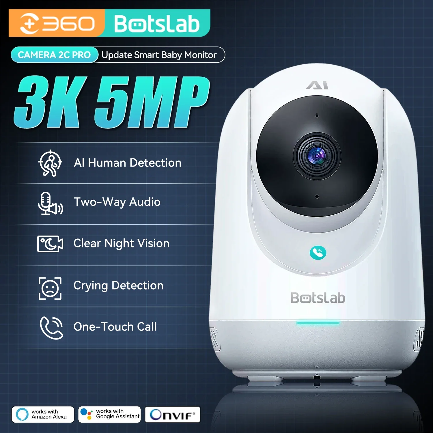 

Botslab 3K 5MP Wifi 360°Smart Security Camera AI Human Detection&Tracking Crying Detection Two-Way Talk Night Vision Baby Camera