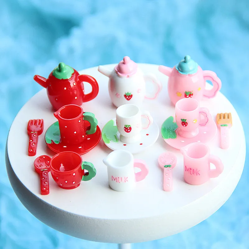 Pink Tea Set Miniature Figurine Cup Plate Teapot Knife Fork Simulated Model Home Decor Fairy Garden Decoration DIY Accessories