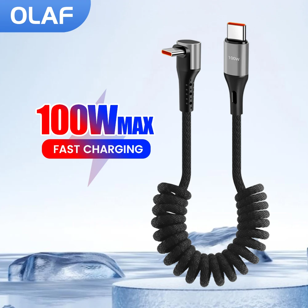 100W Spring Type C To USB C Data Cable Fast Charging 66W 90 Degree Elbow USB A To Type C Cable For Iphone 15 16 Samsung Xiaomi