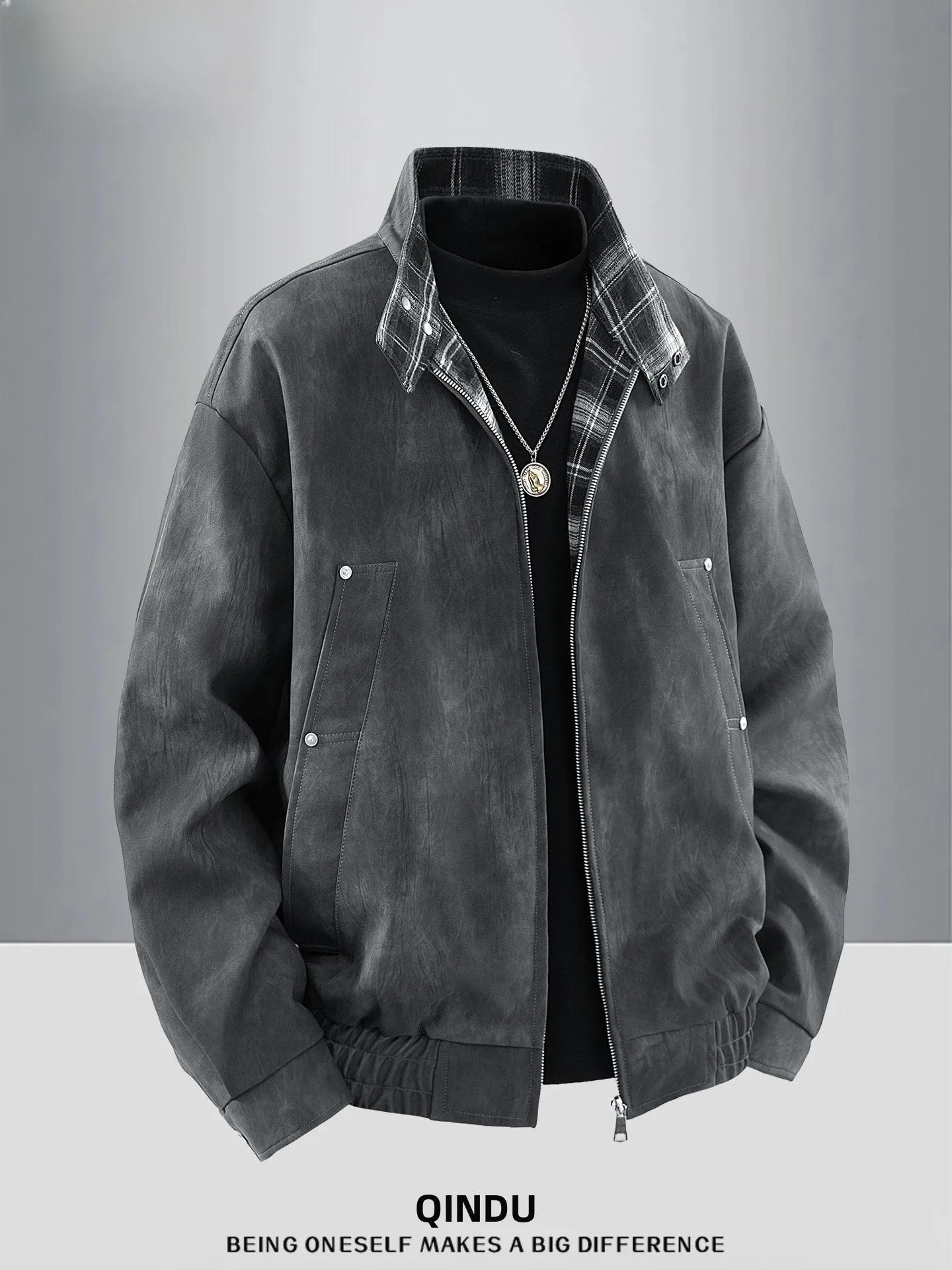 

American Sle Retro Patchwork Stand Collar PU Leather Jaet Men's Spring Autumn plus Size Loose Casual Outerwear