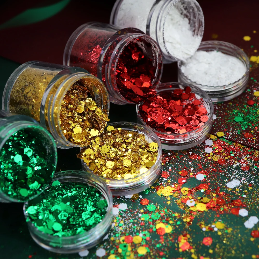 4개/세트 육각형 스팽글 크리스마스 네일 아트 부품 레드 그린 청키 글리터 플레이크 크리스마스 매니큐어 장식 액세서리 네일 참