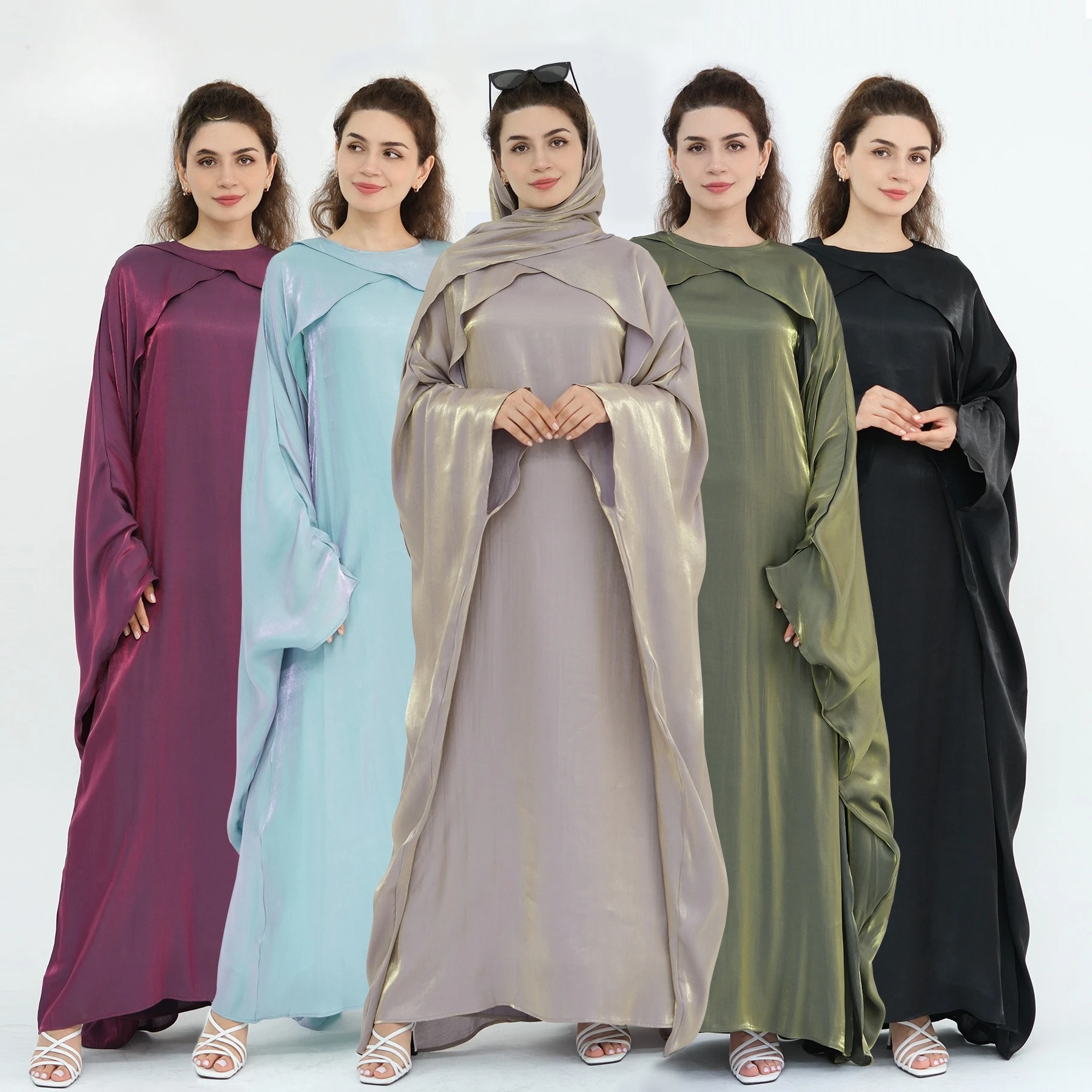 

Muslim Sets Dubai Abaya Dress Hijab SetWomen Luxury Elegant Butterfly Modest Evening Robe Solid Straight Sharut Islamic Eid Robe