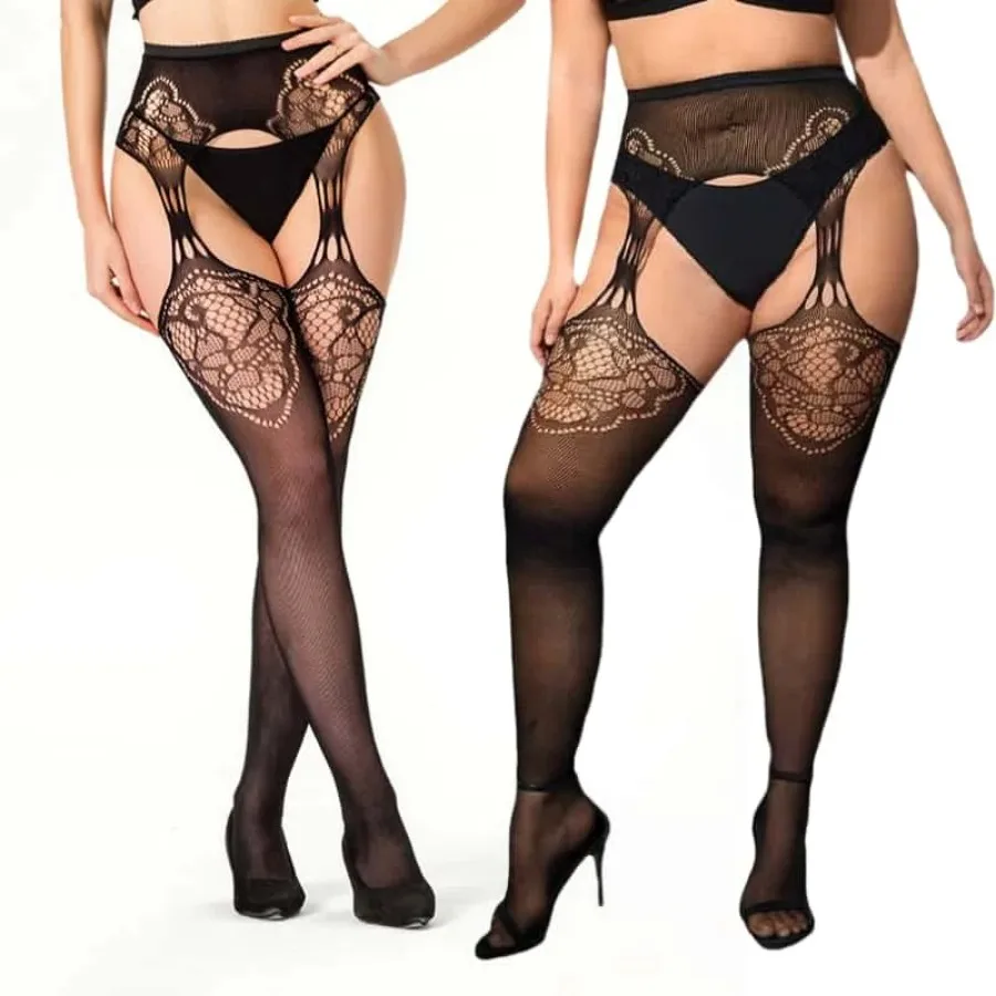 Plus Size Hollow Out Pattern Garter Belt Fishnet Stocking Tights Sexy Thigh-High Suspender Body Stockings Pantyhose for Women X