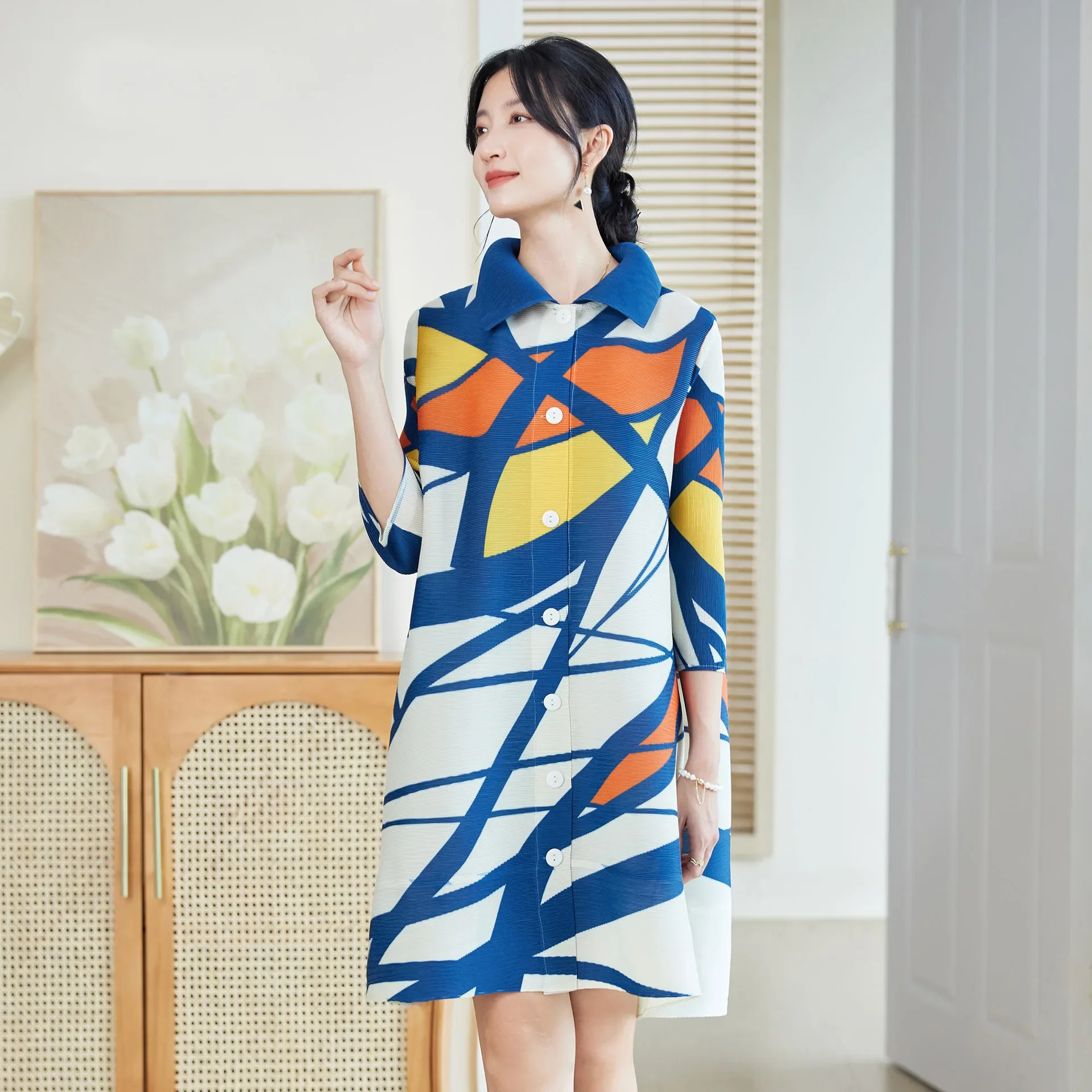 Miyake Pleated Printed Dress for Women in Early Autumn, High-end, Loose, Large Size, Middle-aged  Elderly Mother's Style Skirt