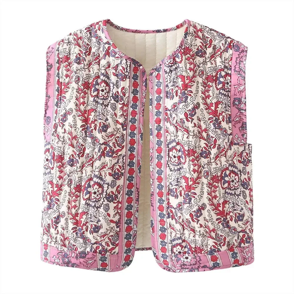 

Autumn New Women French Retro Ethnic Style Round Neck Sleeveless Female Versatile Short Printed Quilted Vest
