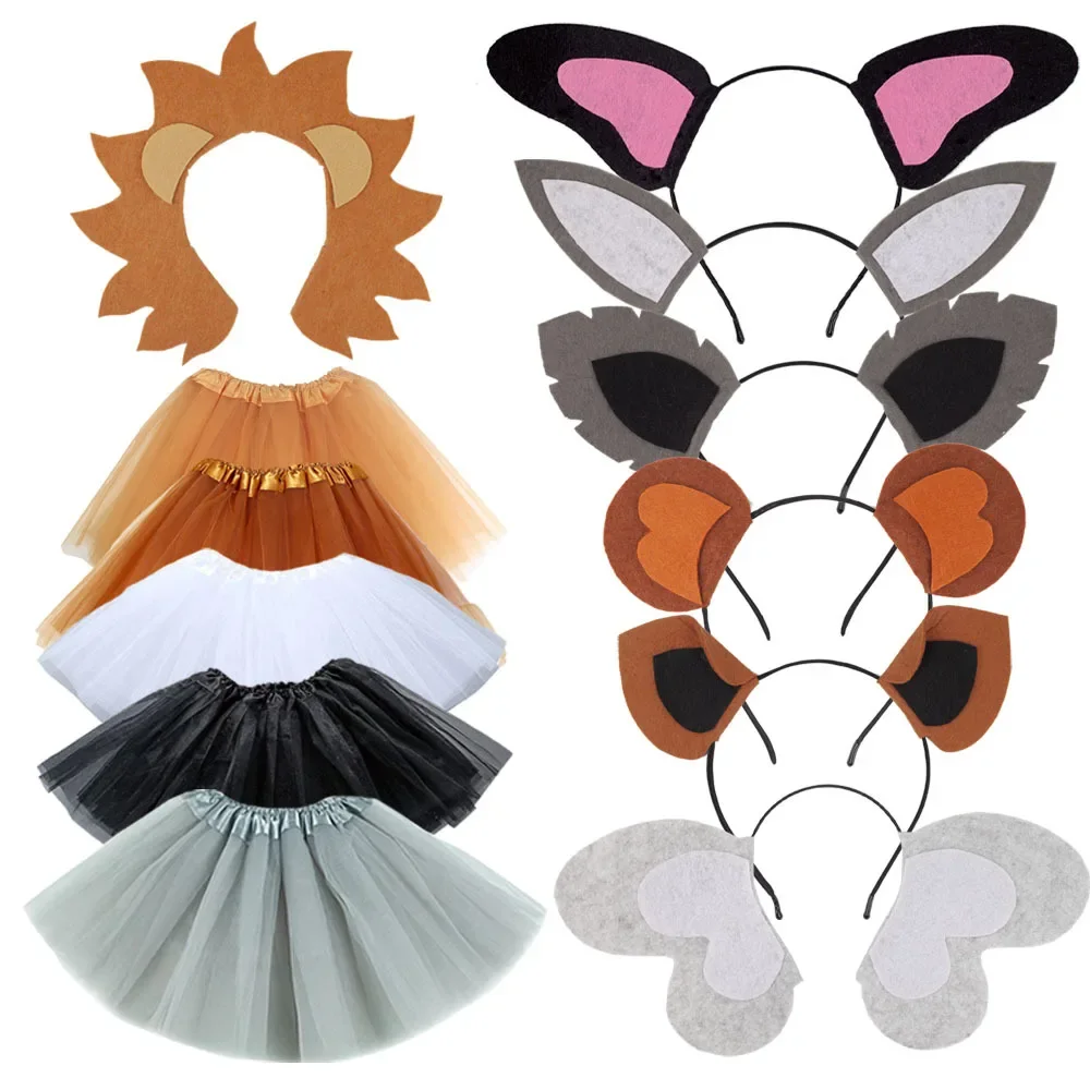 Animal Ears Headband Skirt Tutut Lion Dog Rabbit Wolf Monkey Horse For Forest Theme Birthday Cosplay Party Decorations Supplies