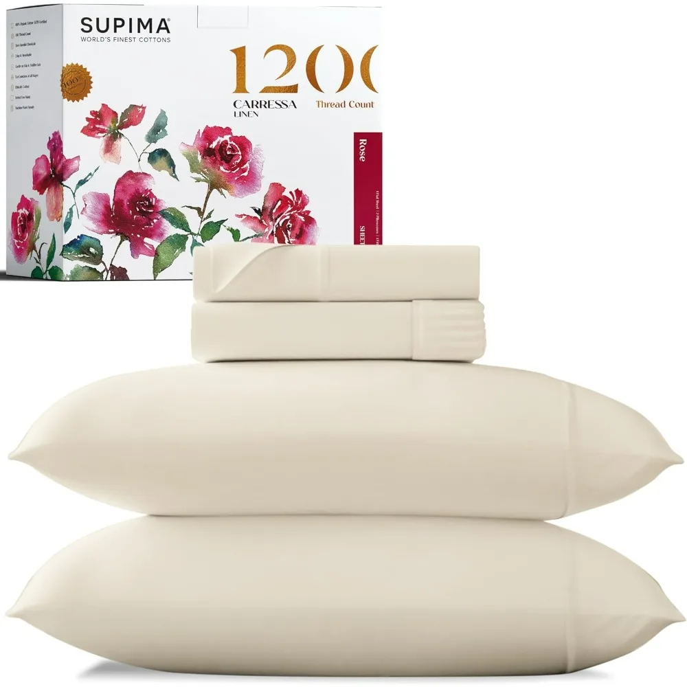 Luxury 100% Supima Cotton Queen Sheets - Premium 1200 Thread Count Cotton Sheets for Queen Size Bed, 4 Pc Ivory Bed Sheets Set,