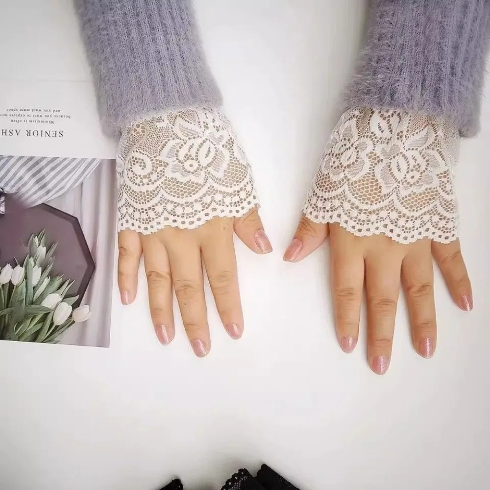 Embroidered Lace Detachable Fake Sleeves Hollow Out Mesh Lace Fake Sleeves Cuff Sun Protection Elastic Wrist Cuffs
