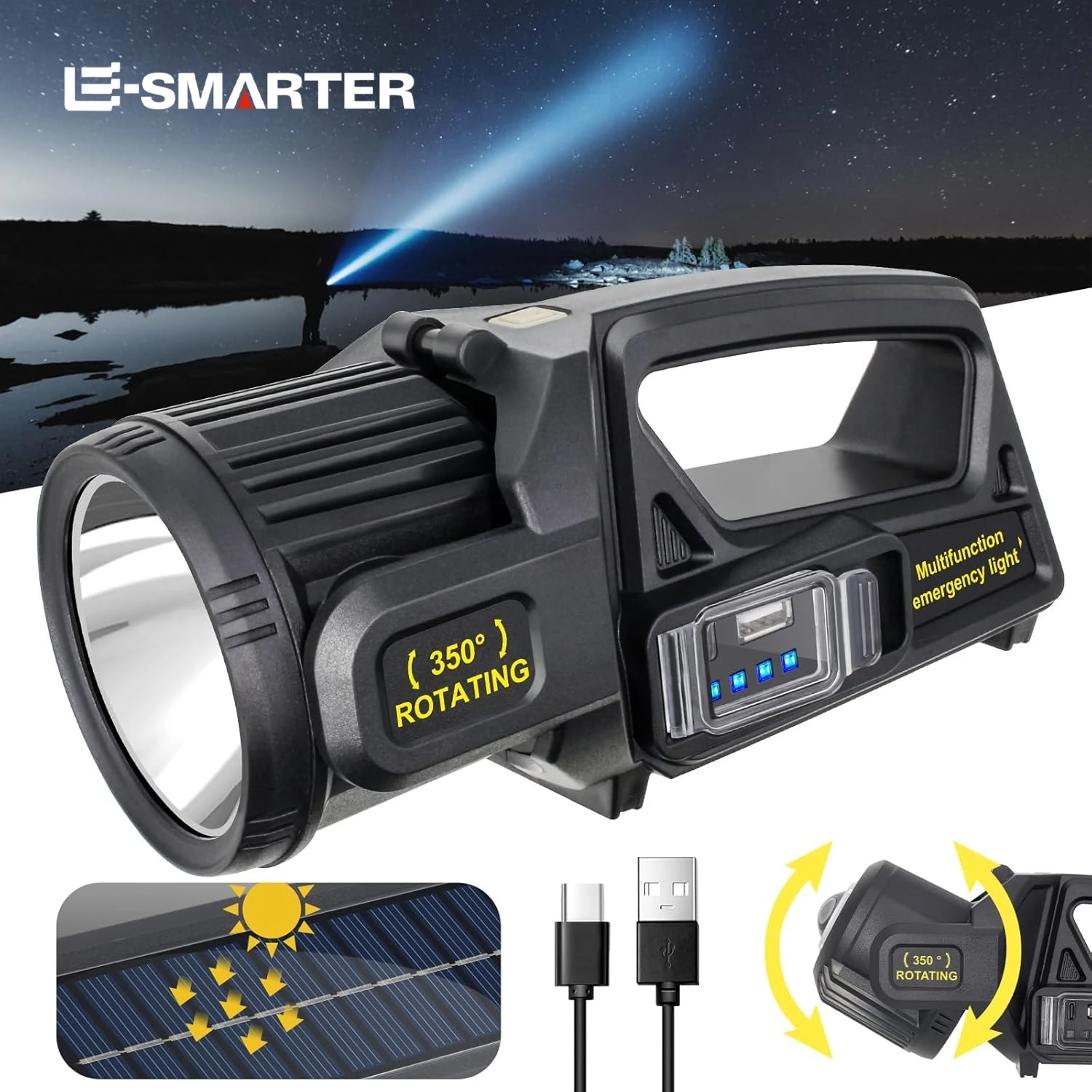 

350000 Lumens Spotlight, Rechargeable Led Spot light Flashlight 9 Modes Super Bright Outdoor Waterproof Solar Flashlight