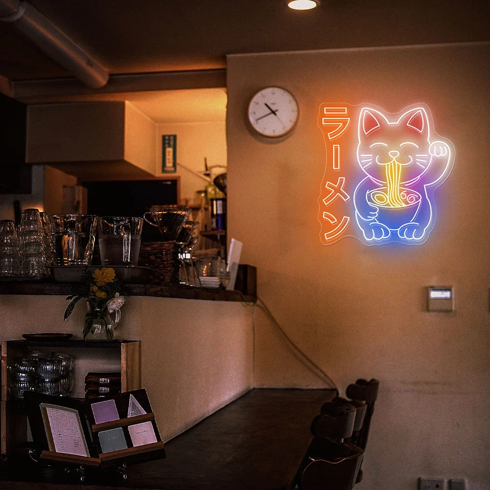 Lucky Cat Eating Ramen Neon Sign Restaurant Kitchen Wall Decor Shop Signage Cat Ramen Noodles Led Light Japanese Anime Neon Sign