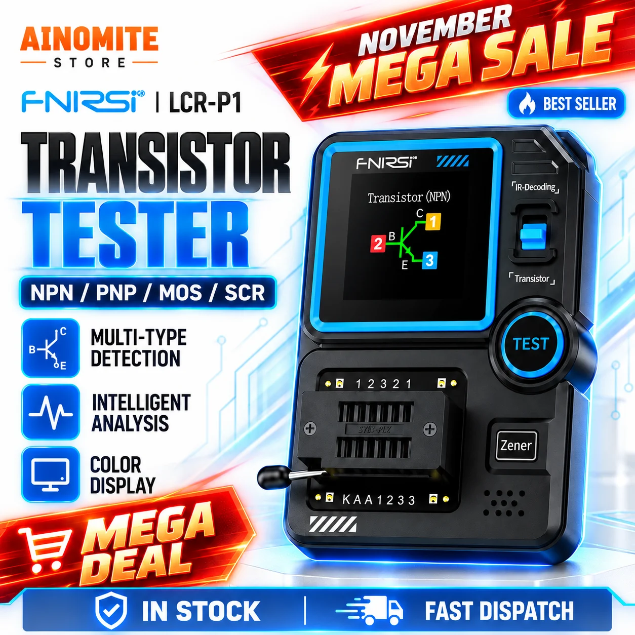 FNIRSI LCR-P1 Transistor Tester, LCR Meter, Capacitor Tester, Auto Test MOSFET/PNP/NPN, Diode/Zener, R/L/C & ESR Meter